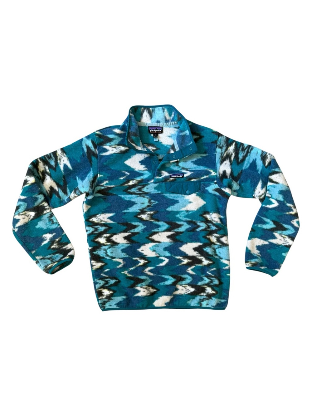 Patagonia Womens Synchilla Fleece Trout Tales Elwha Blue Fleece Snap Jacket M